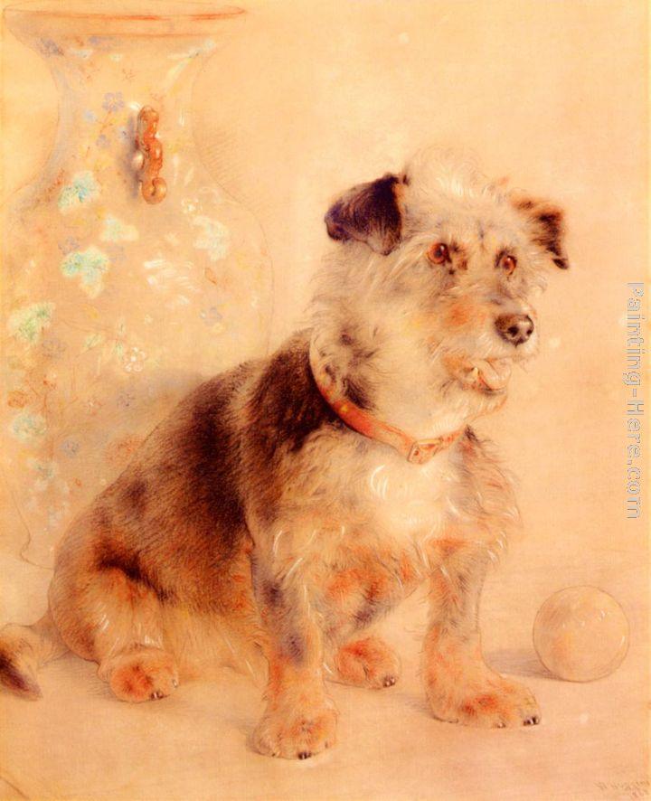 William Huggins Terrier Seated Before A Canton Famille Rose Vase